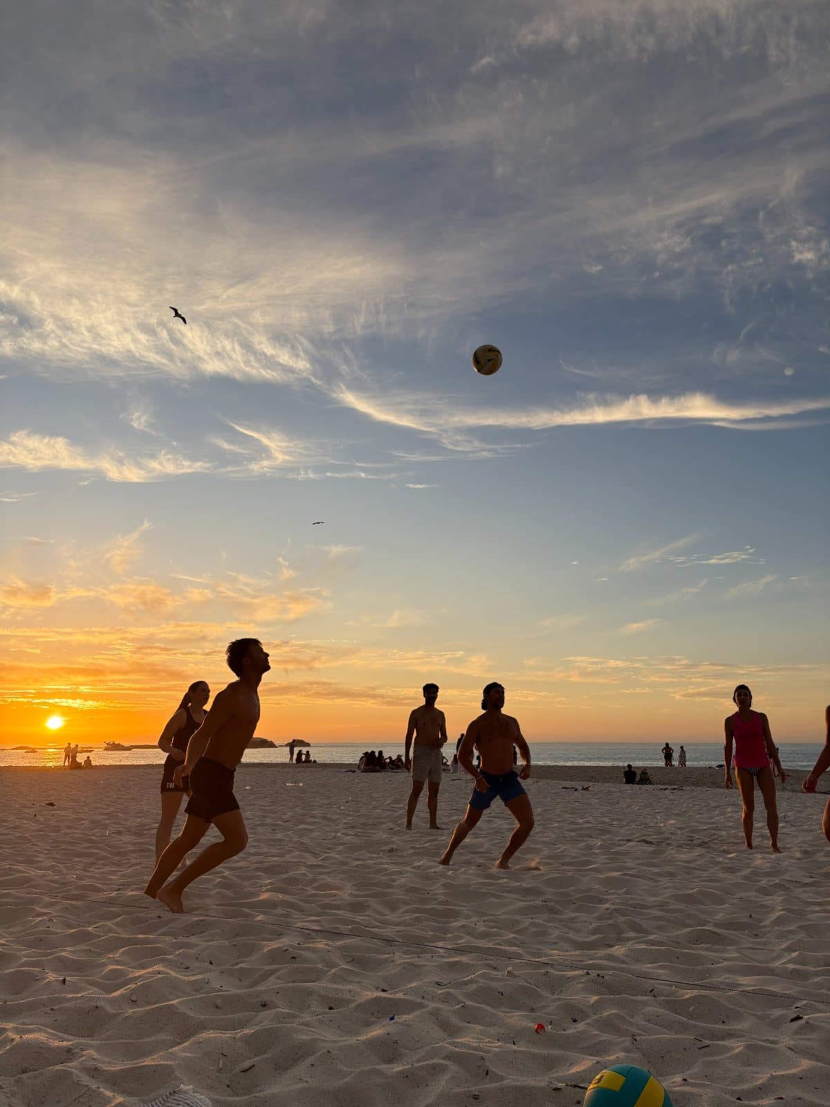 Founders playing beach volleyball at sunset
