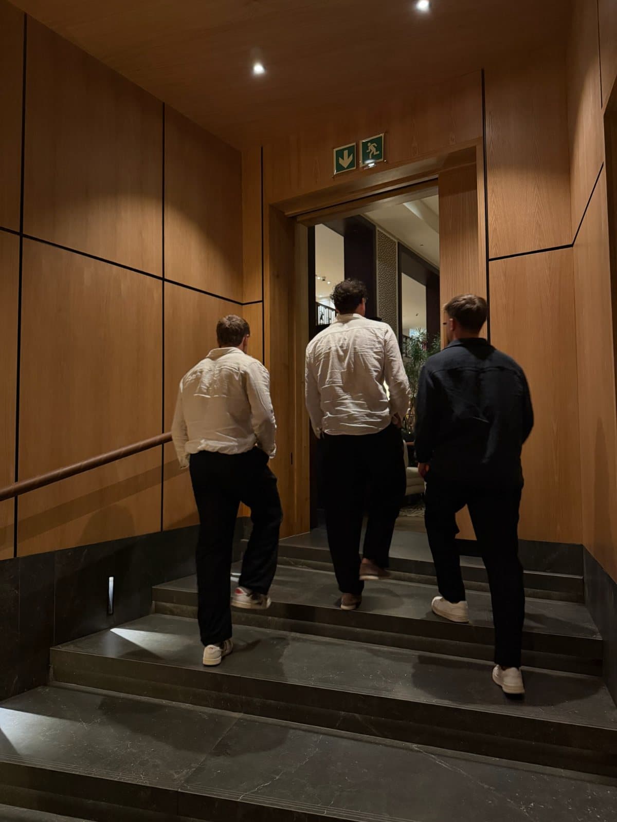 Three friends walking up the stairs